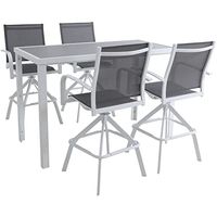 Hanover Naples 5-Piece Outdoor High-Dining Set with Sleek Glass Top Patio Table and 4 Swivel Bar Height Chair, White