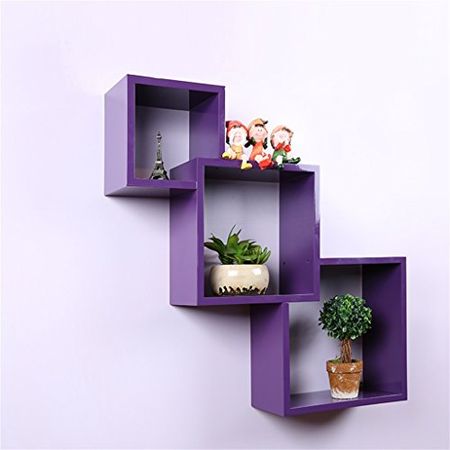 Siamese Three Square Shelf Shelf Creative Grid Home Wall Paint Baffle Wall Shelves (Color : Purple)