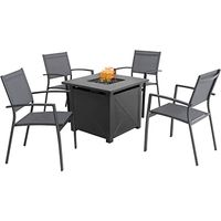 Hanover Naples 5-Piece Outdoor Fire Pit Chat Set | 40,000 BTU Square Gas Fire Pit Ceramic Table with 4 Sling Chairs | UV, Rust, and Water-Resistant | NAPLES5PCSLFP-GRY