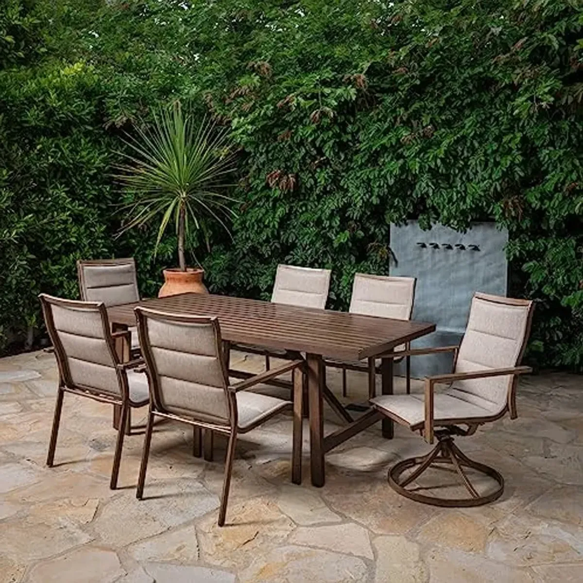 Hanover Fairhope Outdoor 4 Chairs, 2 Sling Rockers and a 74-in. x 40-in. Trestle Table, Tan, 7 Piece Stationary & Swivel Dining Set