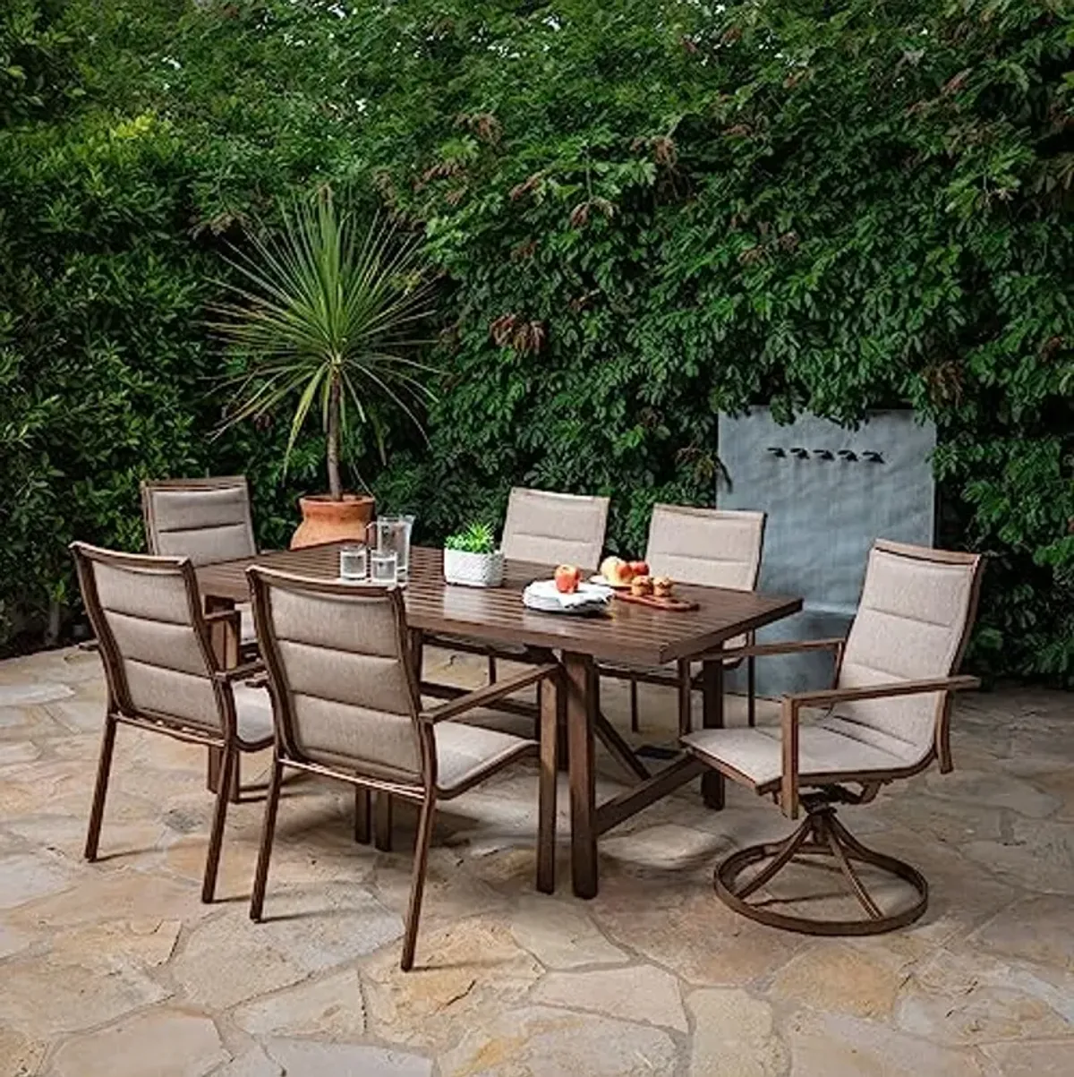 Hanover Fairhope Outdoor 4 Chairs, 2 Sling Rockers and a 74-in. x 40-in. Trestle Table, Tan, 7 Piece Stationary & Swivel Dining Set