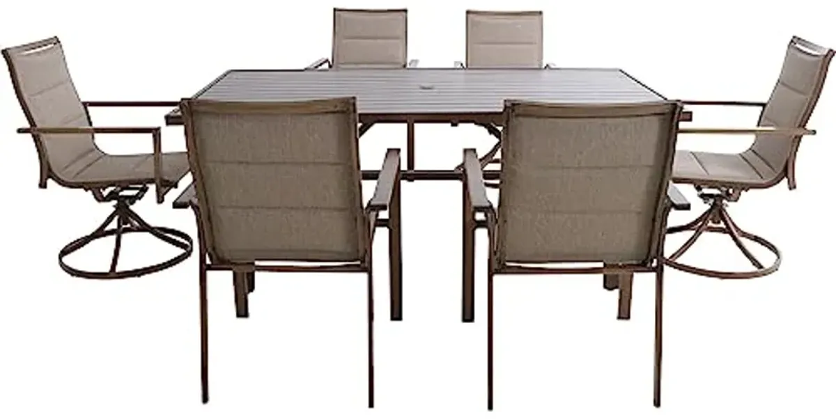 Hanover Fairhope Outdoor 4 Chairs, 2 Sling Rockers and a 74-in. x 40-in. Trestle Table, Tan, 7 Piece Stationary & Swivel Dining Set