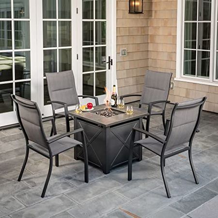 Hanover Naples 5-Piece Outdoor Fire Pit Chat Set | 40,000 BTU Square Gas Fire Pit Ceramic Table with 4 High-Back Sling Chairs | UV, Rust, and Water-Resistant | NAPLES5PCHBFP-GRY