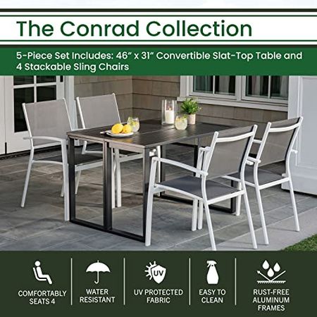 Hanover Conrad 5-Piece Compact Outdoor Dining Set | 4 Stackable Sling Chairs | Slat-Top Convertible Folding Table | Modern Design | Durable Aluminum Frame | White/Gray | CONDN5PC-WHT
