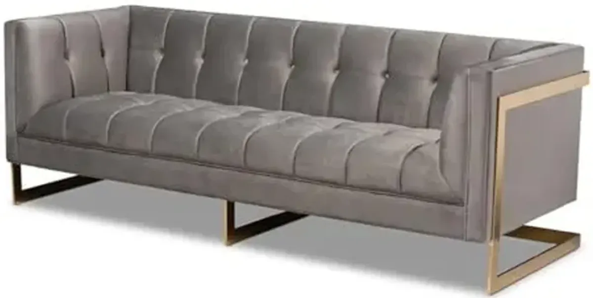Baxton Studio Ambra Glam and Luxe Grey Velvet Fabric Upholstered and Button Tufted Sofa with Gold-Tone Frame