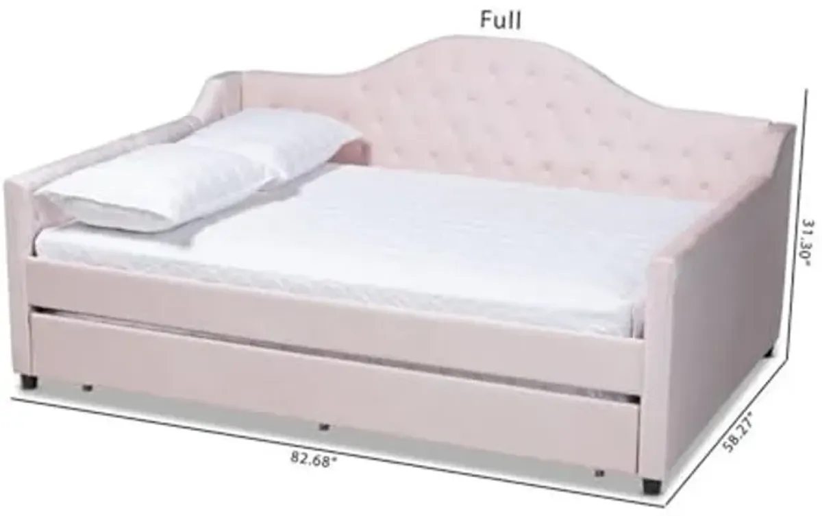 Baxton Studio Perry Modern and Contemporary Light Pink Velvet Fabric Upholstered and Button Tufted Full Size Daybed with Trundle