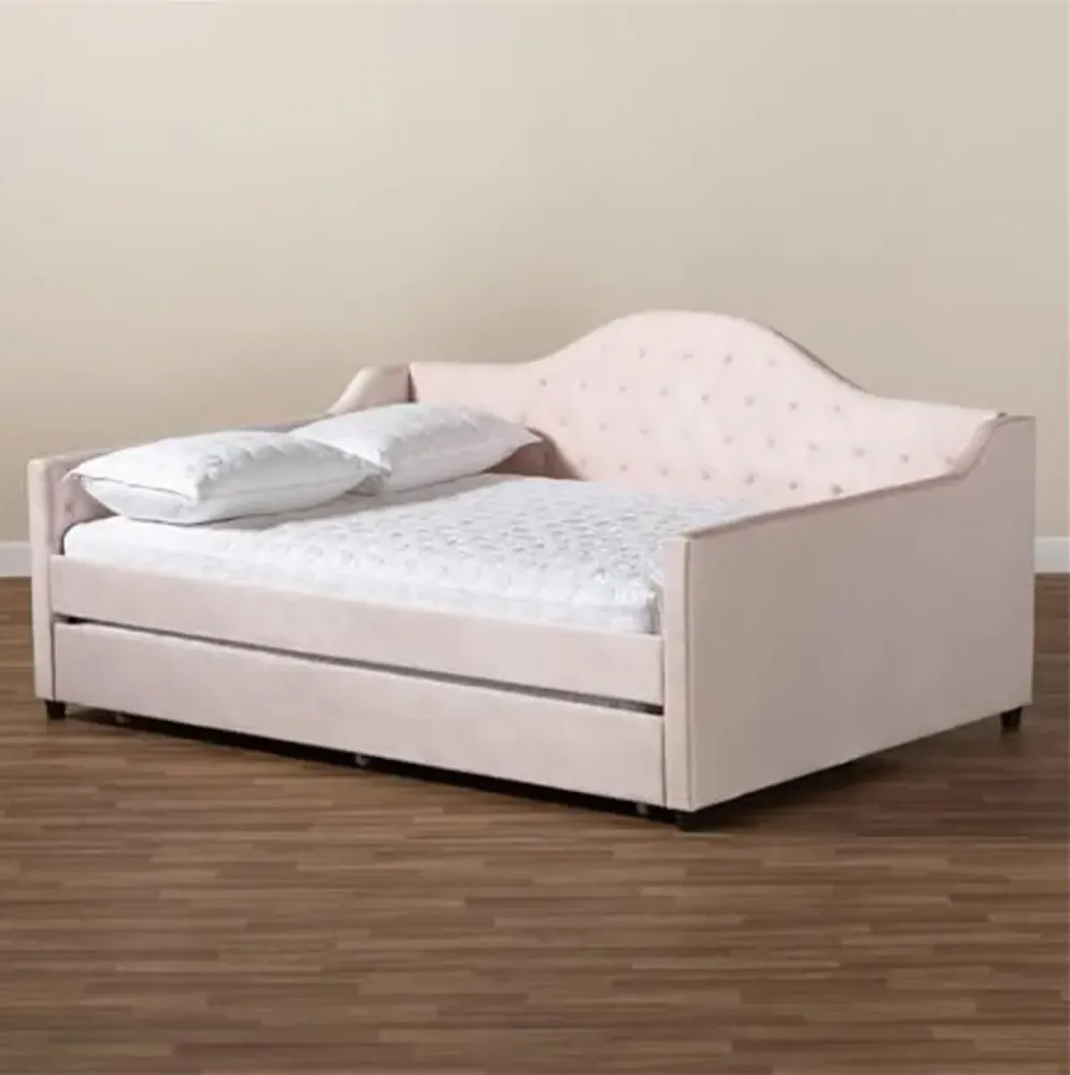 Baxton Studio Perry Modern and Contemporary Light Pink Velvet Fabric Upholstered and Button Tufted Full Size Daybed with Trundle