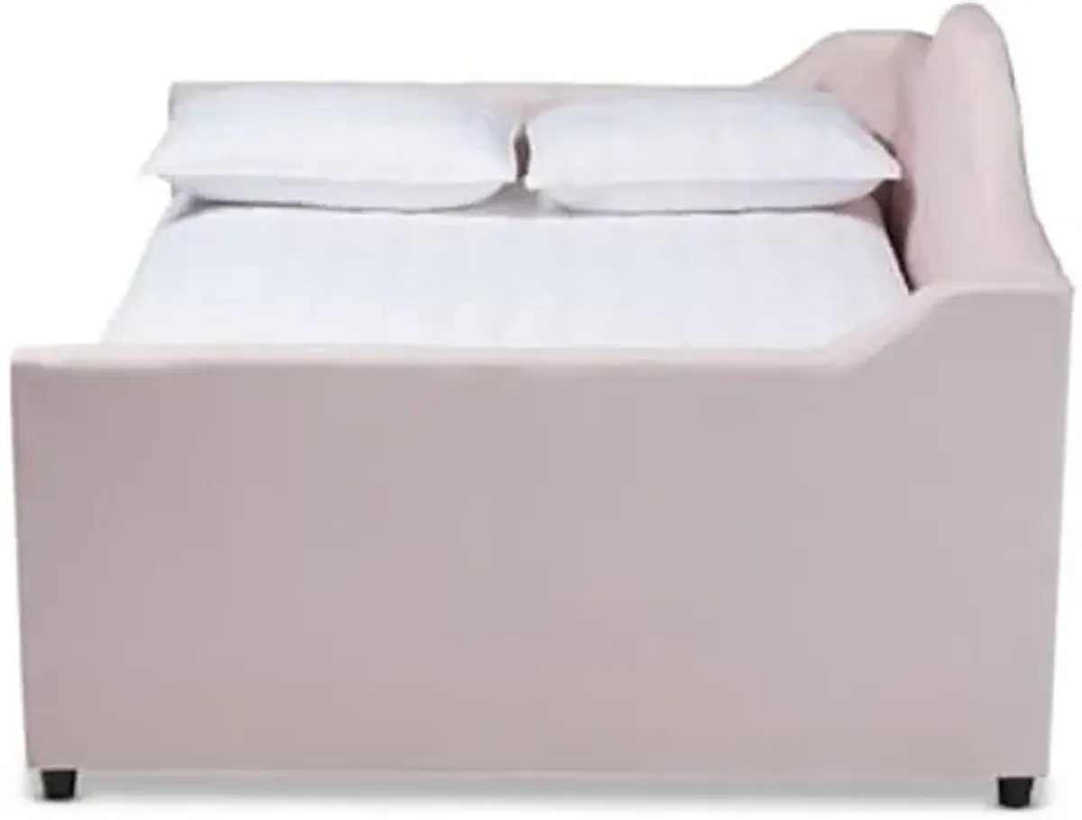 Baxton Studio Perry Modern and Contemporary Light Pink Velvet Fabric Upholstered and Button Tufted Full Size Daybed with Trundle