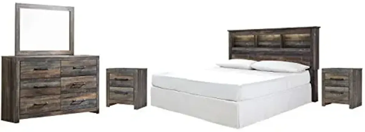 Signature Design by Ashley Drystan Rustic Industrial King/California King Bookcase Headboard with 3 Open Cubbies & Dimming LED Light, Weatherworn Brown