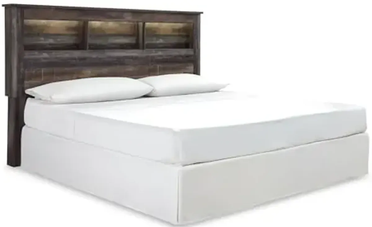 Signature Design by Ashley Drystan Rustic Industrial King/California King Bookcase Headboard with 3 Open Cubbies & Dimming LED Light, Weatherworn Brown