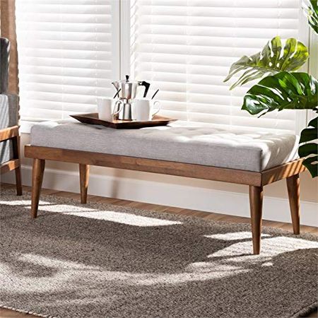 Baxton Studio Linus Mid-Century Upholstered Tufted Wood Bench in Light Gray