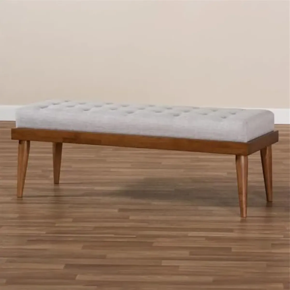 Baxton Studio Linus Mid-Century Upholstered Tufted Wood Bench in Light Gray