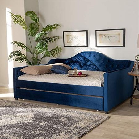 Baxton Studio Perry Velvet Upholstered Full Daybed with Trundle in Blue