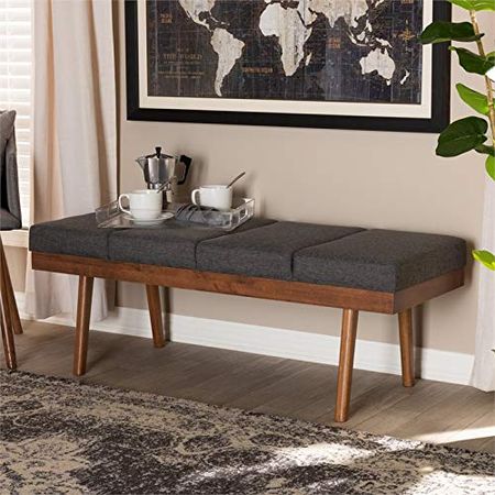 Baxton Studio Larisa Mid-Century Modern Charcoal Fabric Upholstered Wood Bench