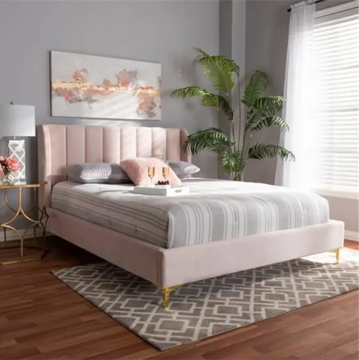 Baxton Studio Saverio Modern Velvet Upholstered Queen Platform Bed in Light Pink