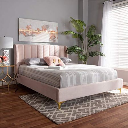 Baxton Studio Saverio Modern Velvet Upholstered Queen Platform Bed in Light Pink