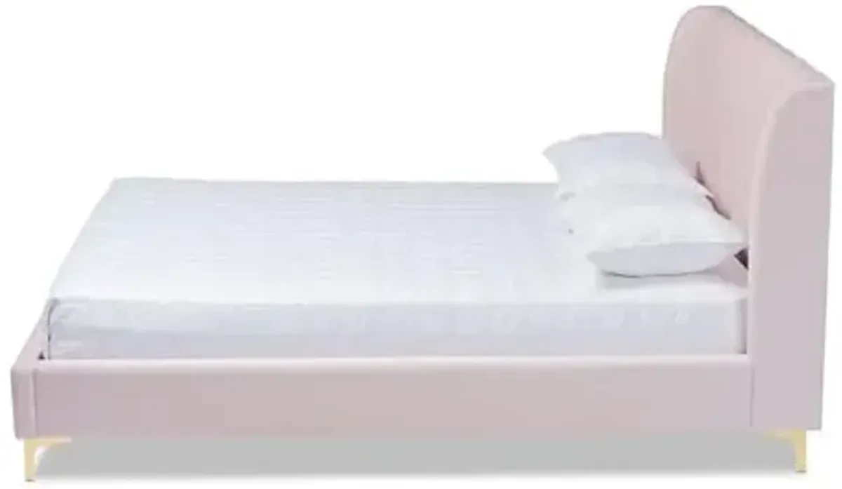Baxton Studio Saverio Modern Velvet Upholstered Queen Platform Bed in Light Pink