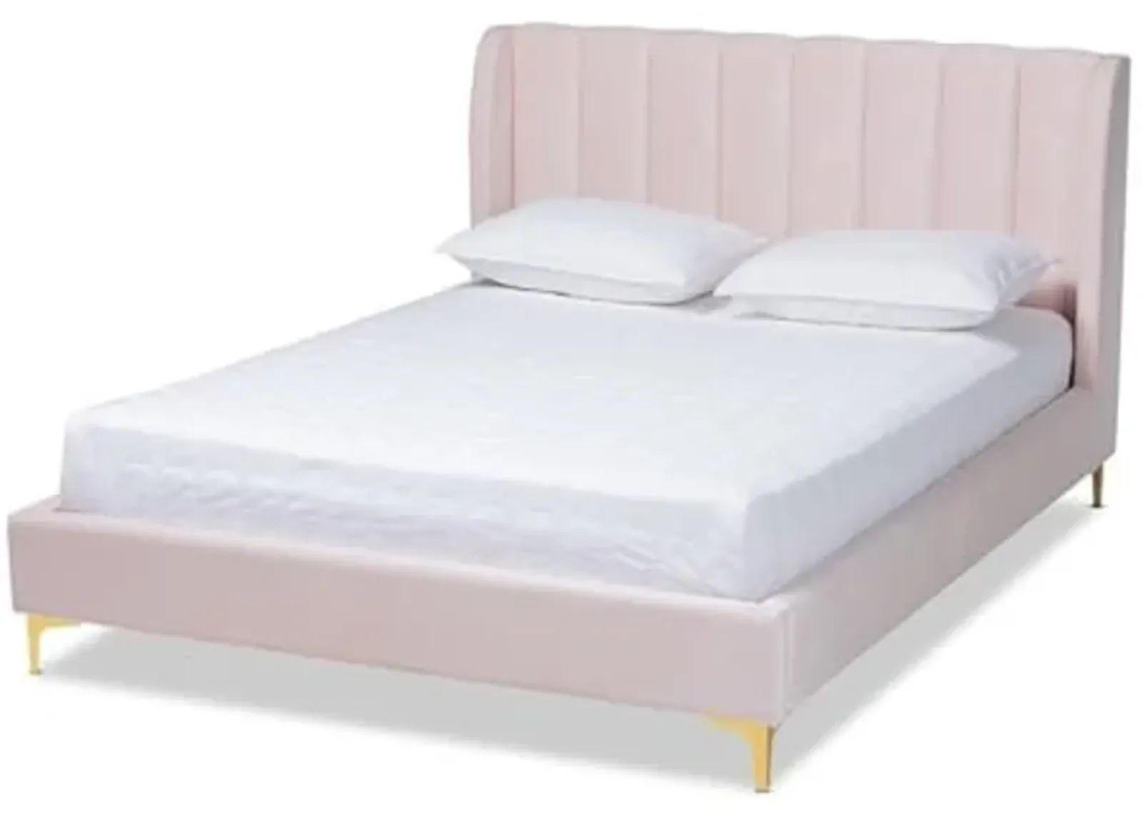 Baxton Studio Saverio Modern Velvet Upholstered Queen Platform Bed in Light Pink