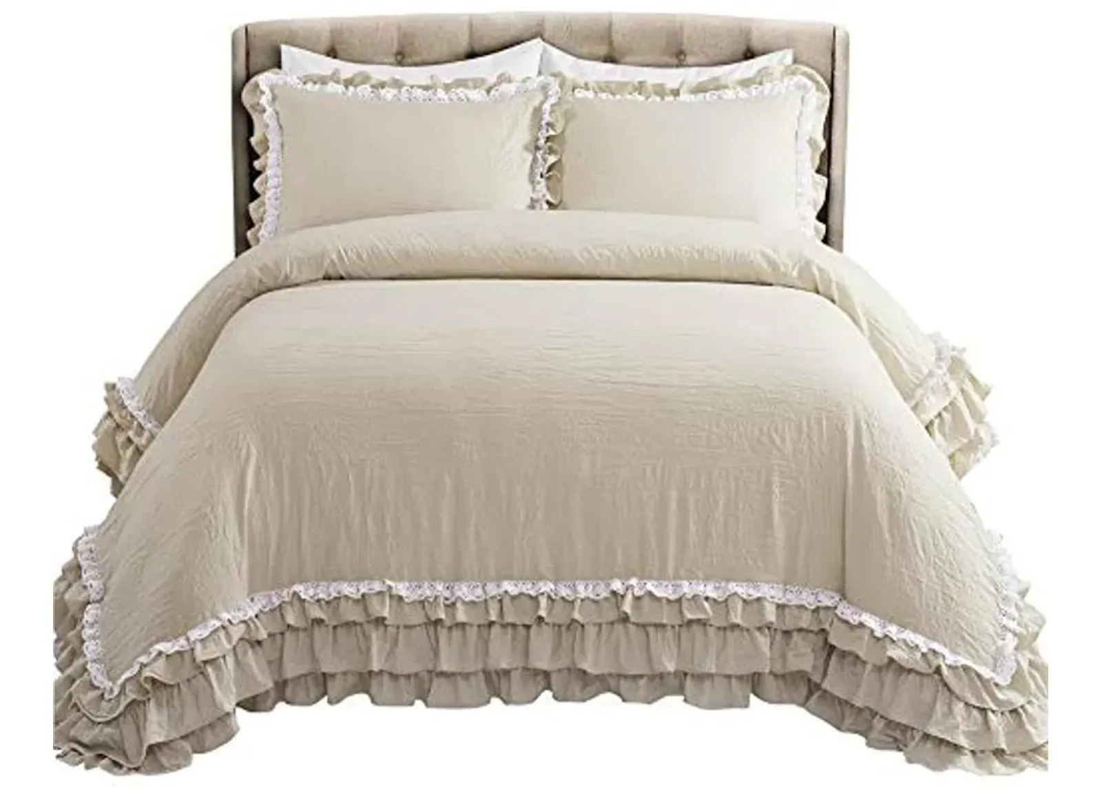 Lush Decor Ella Shabby-Chic Ruffle Lace 3-Piece Full/Queen Comforter Set (Neutral), 92 x 90 Inch