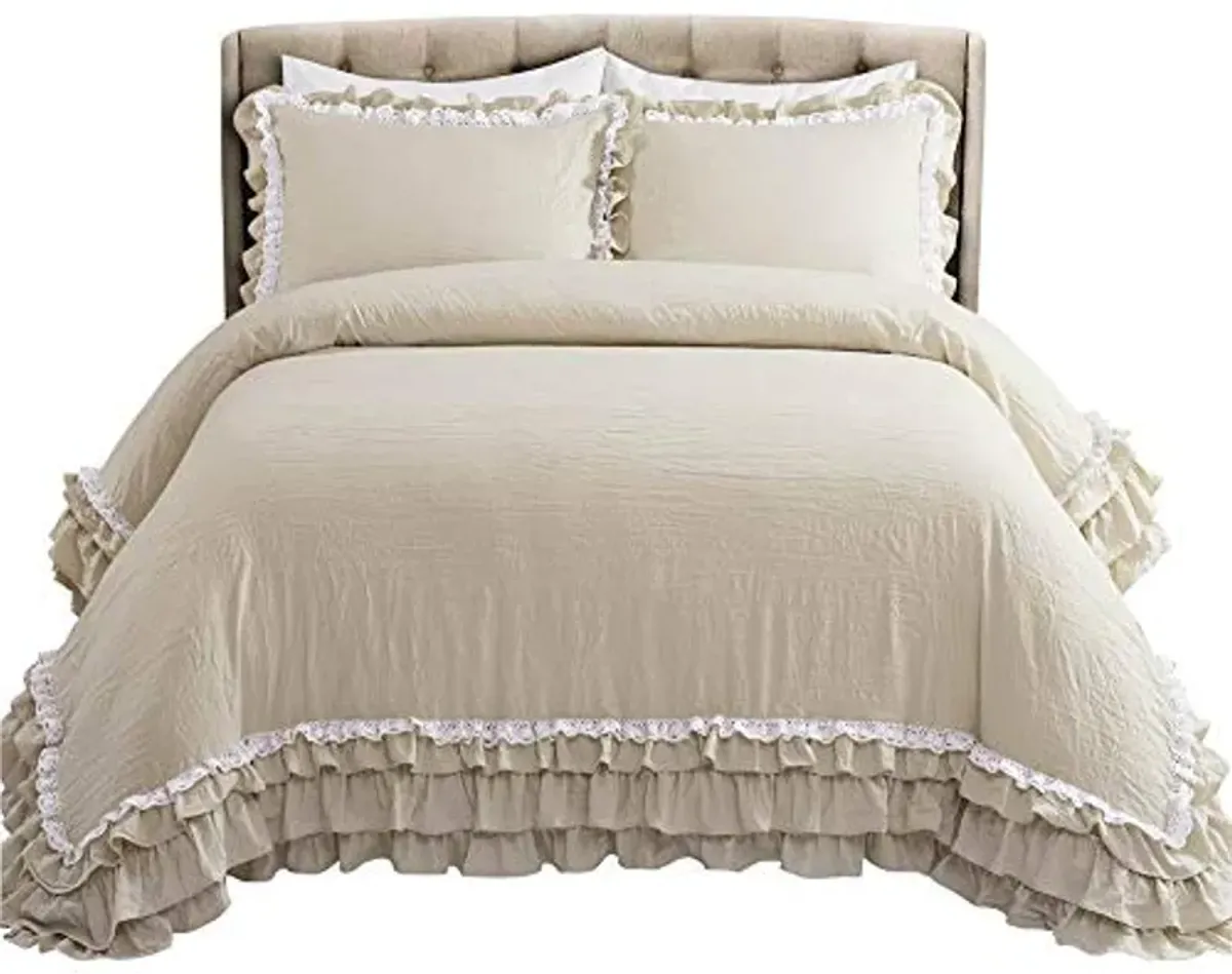 Lush Decor Ella Shabby-Chic Ruffle Lace 3-Piece Full/Queen Comforter Set (Neutral), 92 x 90 Inch