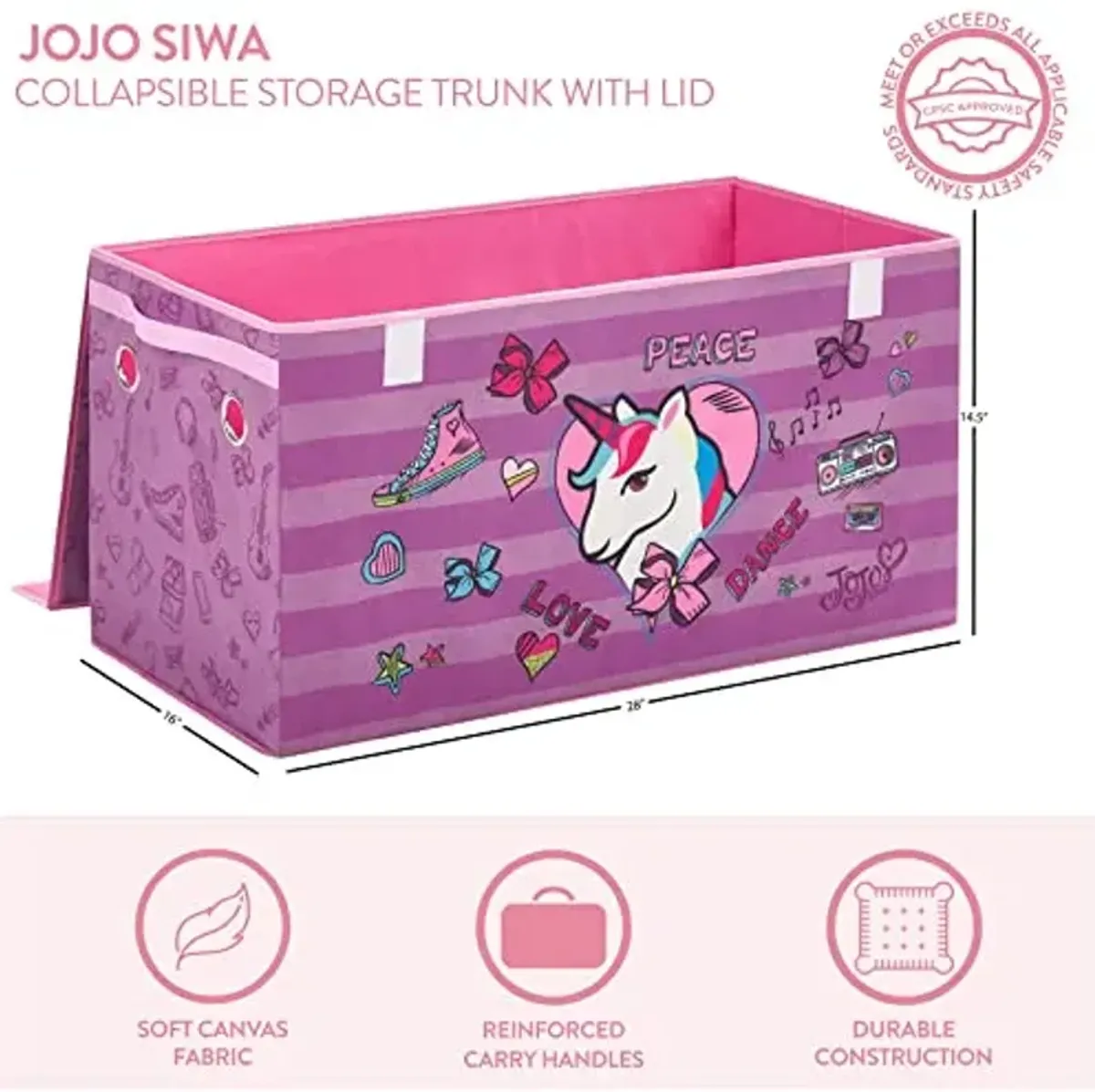 Idea Nuova JoJo Siwa Collapsible Pink Bow,Love,Dance Storage Trunk for Kids, Durable and Spacious with Lid