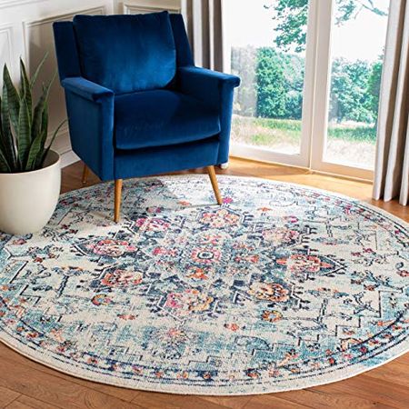 SAFAVIEH Madison Collection 5' Round Cream/Blue MAD473B Boho Chic Medallion Distressed Non-Shedding Dining Room Entryway Foyer Living Room Bedroom Area Rug