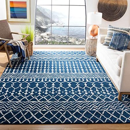 SAFAVIEH Tulum Collection 9' x 12' Navy/Ivory TUL270N Moroccan Boho Distressed Non-Shedding Living Room Bedroom Dining Home Office Area Rug