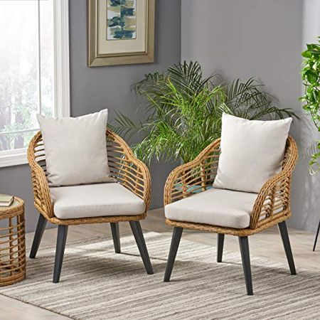 Becky Indoor Wicker Club Chairs with Cushions (Set of 2), Light Brown and Beige