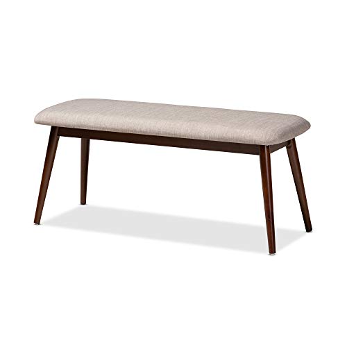 Baxton Studio Flora Mid-Century Dining Bench Light Grey Fabric Upholstered Walnut Finished Wood Dining Bench