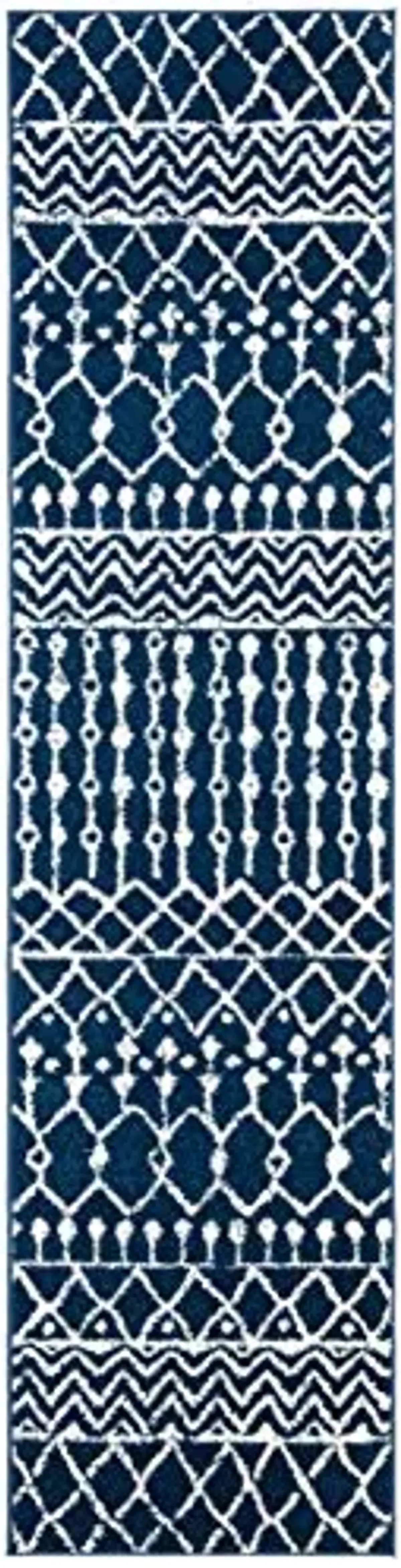 SAFAVIEH Tulum Collection Runner Rug - 2' x 8', Navy & Ivory, Moroccan Boho Distressed Design, Non-Shedding & Easy Care, Ideal for High Traffic Areas in Living Room, Bedroom (TUL270N)