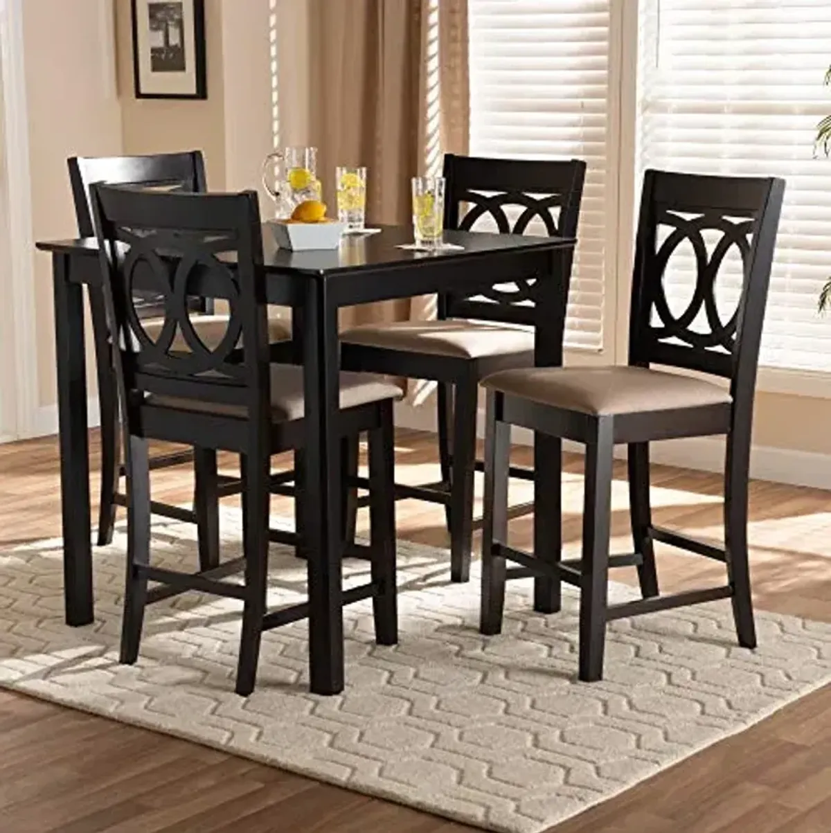 Baxton Studio Lenoir Pub Set Sand Fabric Upholstered Espresso Brown Finished 5-Piece Wood Pub Set