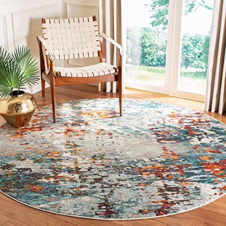 SAFAVIEH Madison Collection 5' Round Grey/Blue MAD471F Modern Abstract Non-Shedding Dining Room Entryway Foyer Living Room Bedroom Area Rug