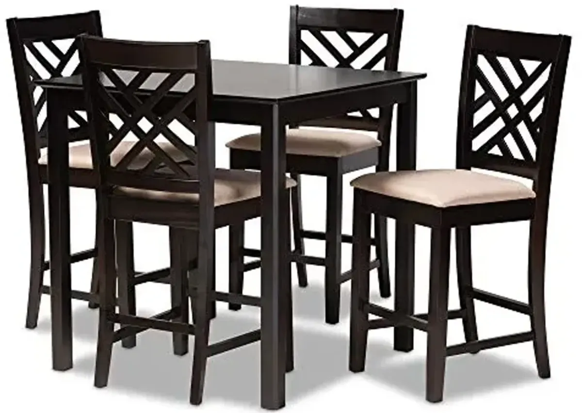 Baxton Studio Caron Pub Set and Pub Set Sand Fabric Upholstered Espresso Brown Finished 5-Piece Wood Pub Set