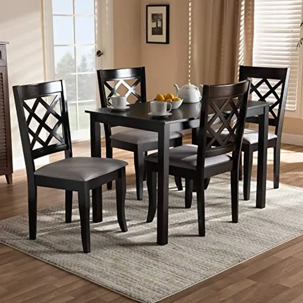 Baxton Studio Verner Dining Set - Grey Fabric Upholstered, Espresso Brown Finished 5-Piece Wood Dining Set