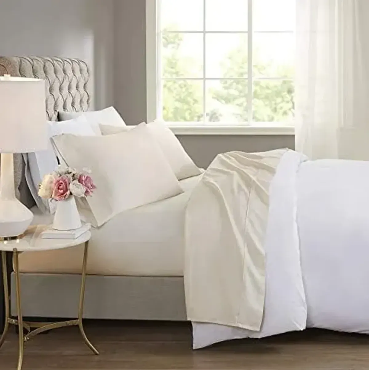 Beautyrest BR 600 TC Cooling Cotton Blend Solid Sheet 16 Inch Deep Pocket, All Season, Soft Bedding-Set, Matching Pillow Case, Cal King, Ivory 4 Piece (BR20-0993)