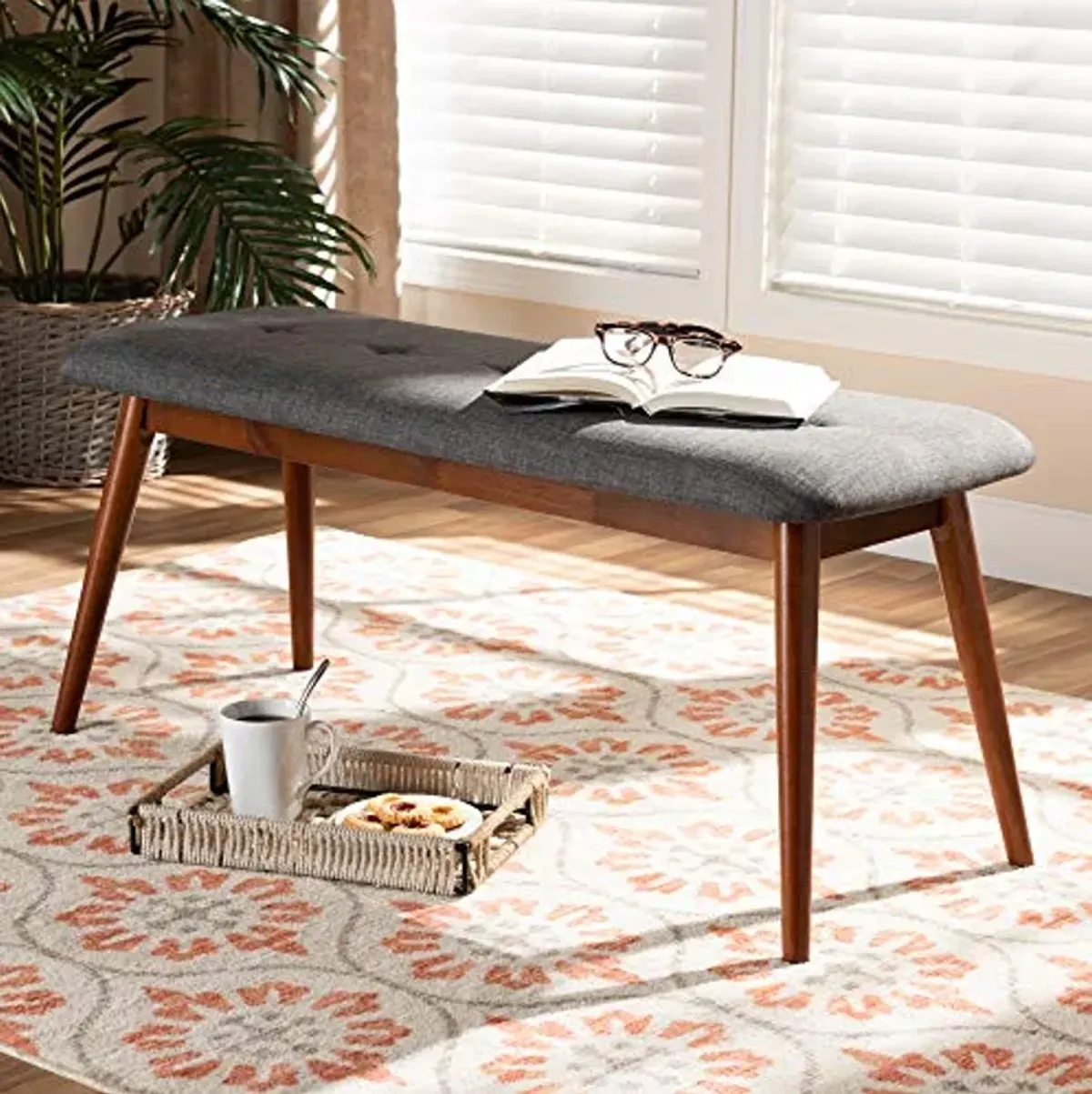 Baxton Studio Flora II Mid-Century Dining Bench Dark Grey Fabric Upholstered Medium Oak Finished Wood Dining Bench