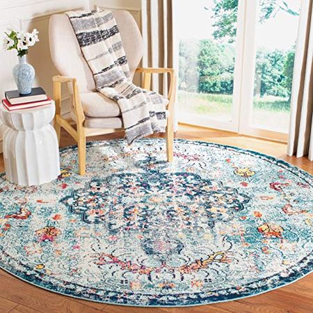 SAFAVIEH Madison Collection 5' Round Navy/Light Blue MAD447K Boho Chic Medallion Distressed Non-Shedding Dining Room Entryway Foyer Living Room Bedroom Area Rug