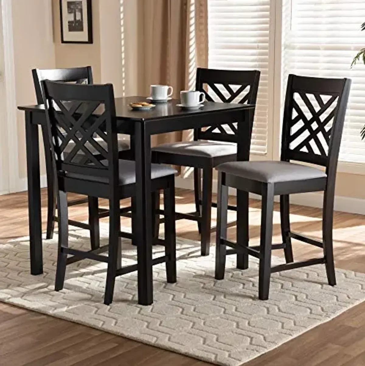Baxton Studio Caron Pub Set and Pub Set Gray Fabric Upholstered Espresso Brown Finished 5-Piece Wood Pub Set