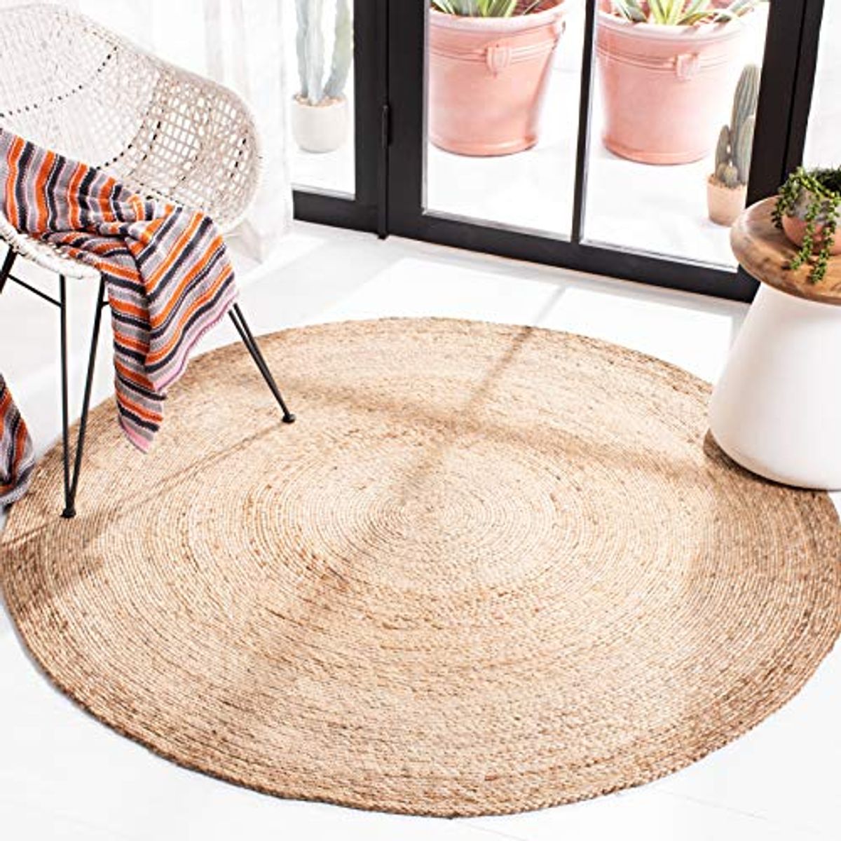 SAFAVIEH Natural Fiber Round Collection 5' Round Natural NFB249A Handmade Boho Country Charm Jute Area Rug