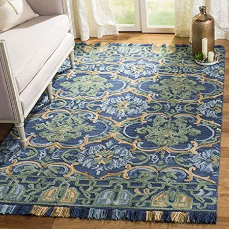 SAFAVIEH Blossom Collection 2'3" x 4' Navy / Green BLM422A Handmade Fringe Premium Wool Accent Rug