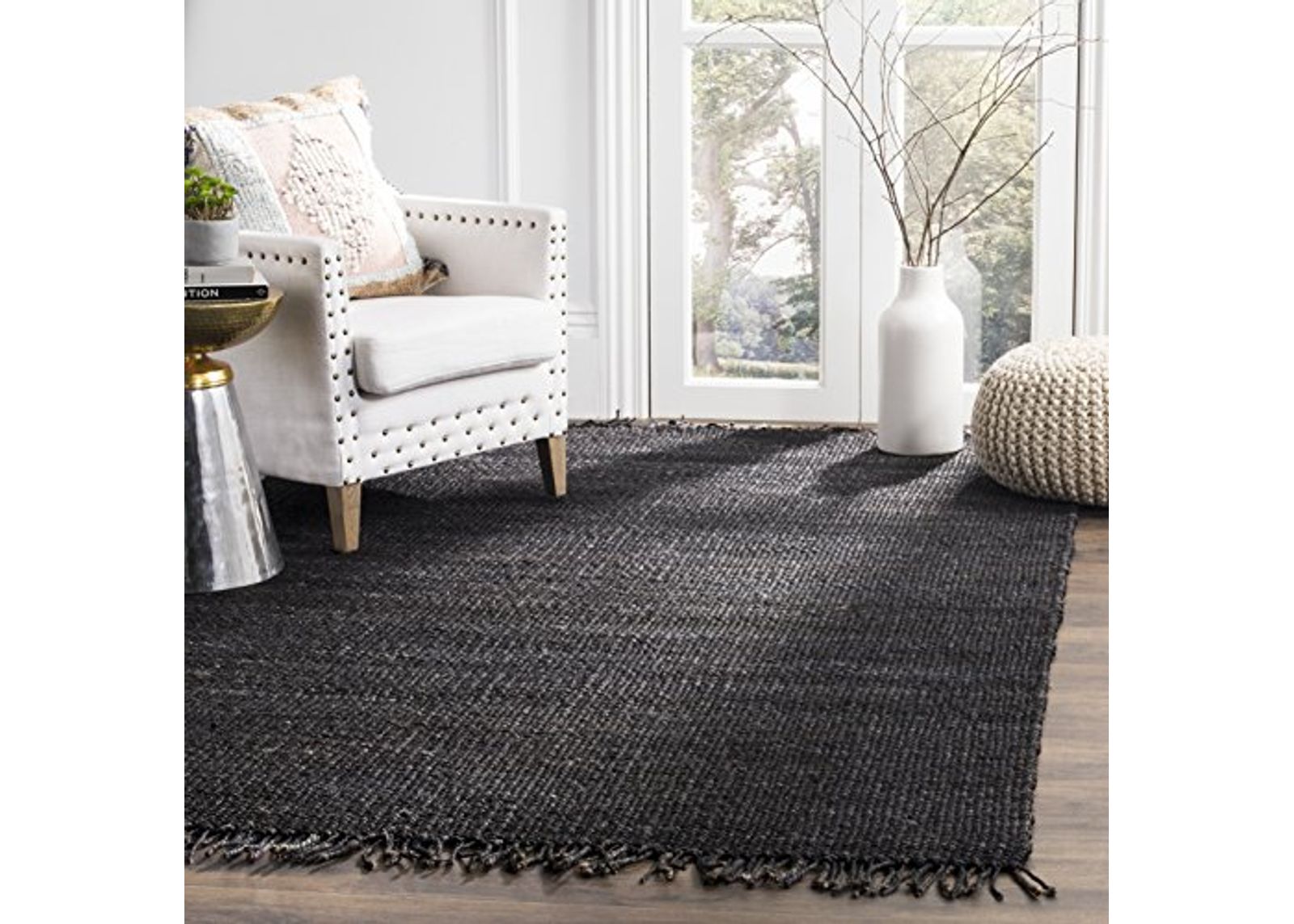 SAFAVIEH Natural Fiber Collection 4' Square Black NF368D Handmade Boho Fringe Woven Jute Area Rug