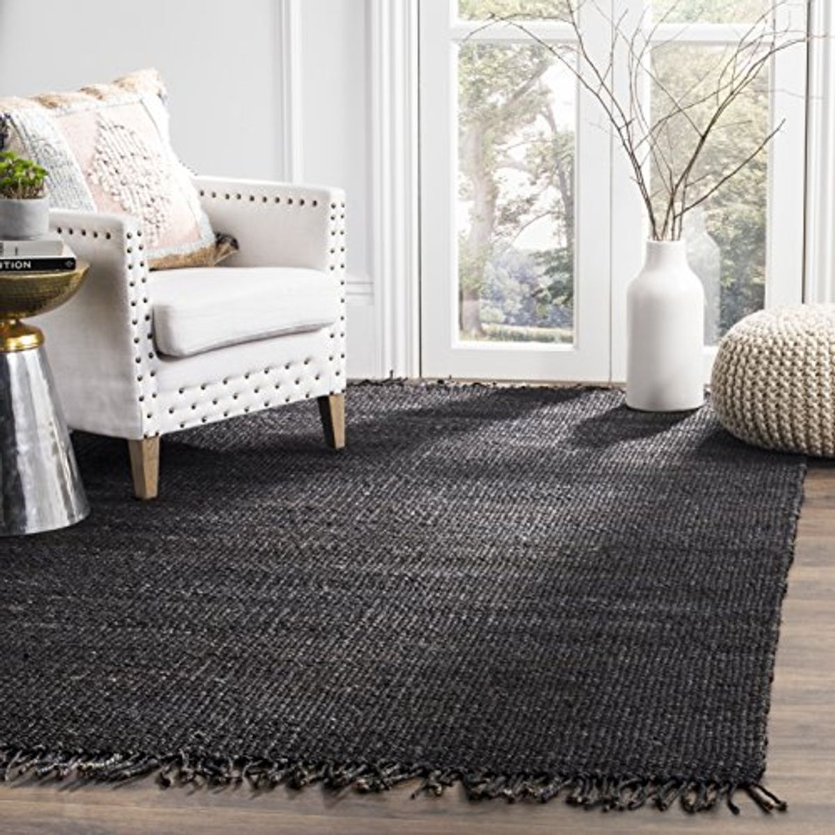 SAFAVIEH Natural Fiber Collection 4' Square Black NF368D Handmade Boho Fringe Woven Jute Area Rug