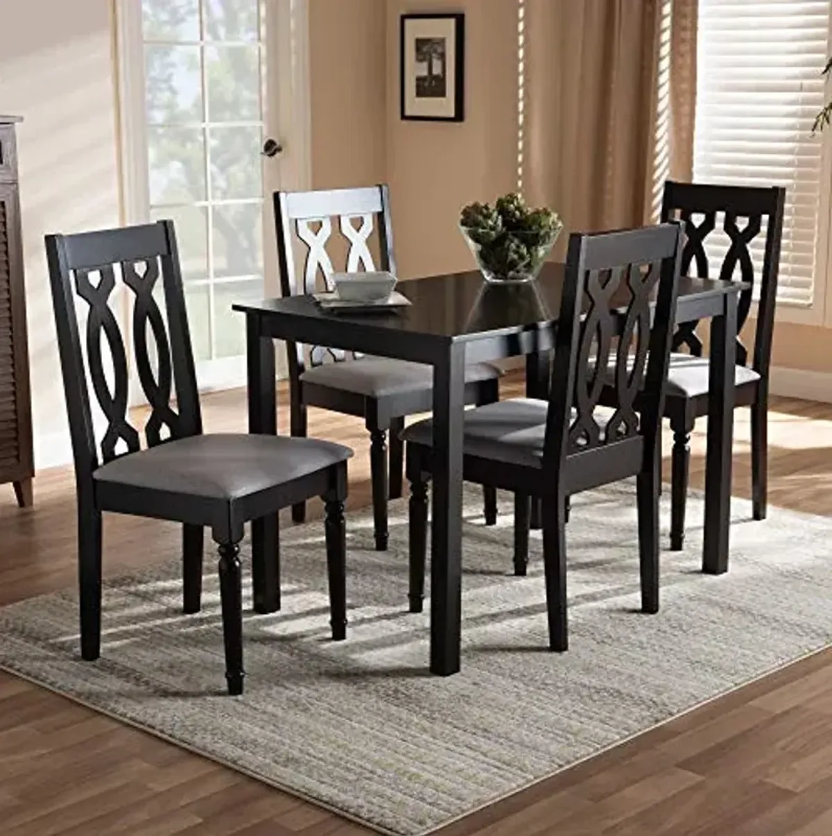 Baxton Studio Cherese Dining Set and Dining Set Grey Fabric Upholstered Espresso Brown Finished 5-Piece Wood Dining Set