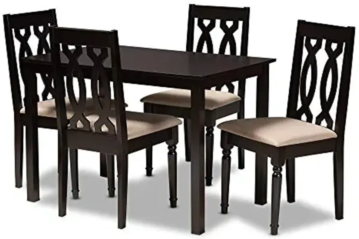 Baxton Studio Cherese Dining Set and Dining Set Sand Fabric Upholstered Espresso Brown Finished 5-Piece Wood Dining Set