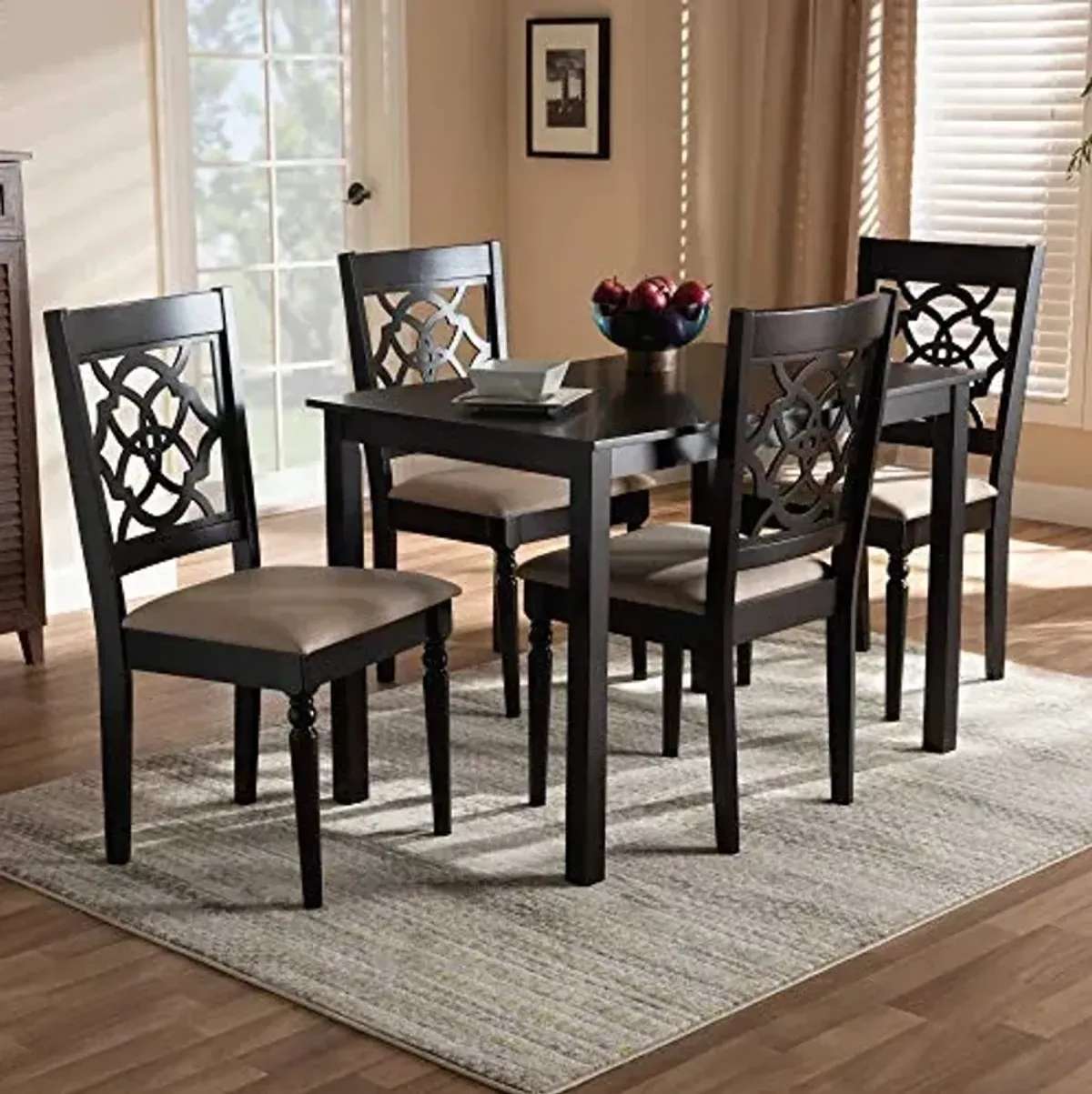 Baxton Studio Renaud Dining Set - Sand Fabric Upholstered Espresso Brown Finished 5-Piece Wood Dining Set