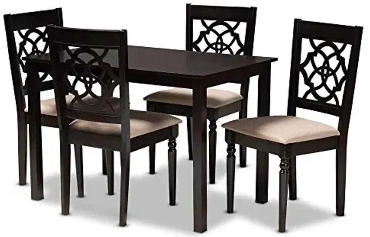 Baxton Studio Renaud Dining Set - Sand Fabric Upholstered Espresso Brown Finished 5-Piece Wood Dining Set