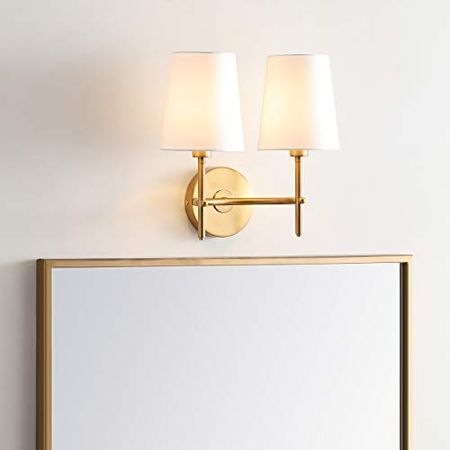 Safavieh SCN4033B Barrett Brass Gold 2-Light Wall (LED Bulbs Included) Sconce, White