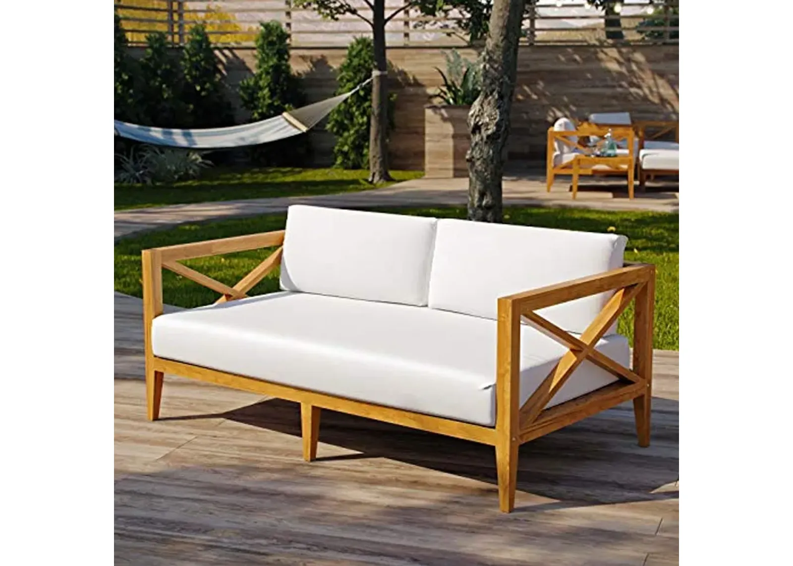 Modway EEI-3427-NAT-WHI Northlake Outdoor Patio Premium Grade A Teak Sofa Couch With Sunproof Cushions, Natural White