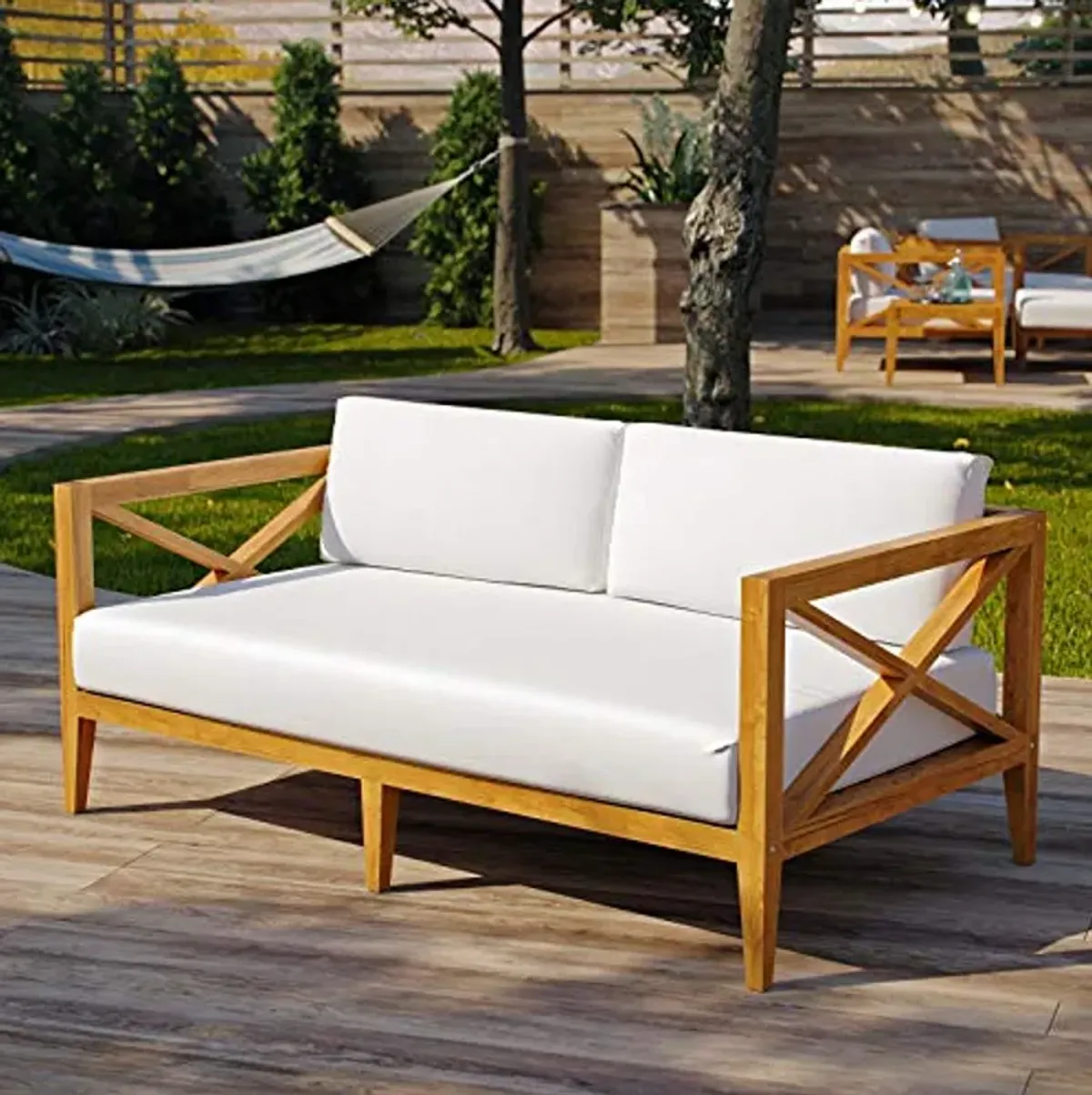 Modway EEI-3427-NAT-WHI Northlake Outdoor Patio Premium Grade A Teak Sofa Couch With Sunproof Cushions, Natural White