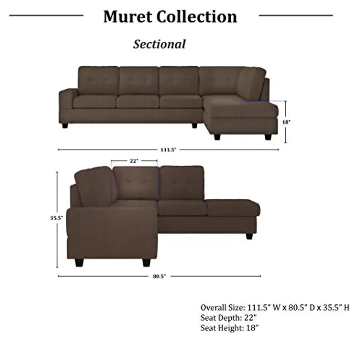 Lexicon Homelegance Muret 112" x 81" Reversible Sectional Sofa, Chocolate